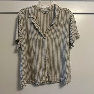 LUCKY BRAND Neutral Beige Striped Linen Blend Short Sleeve Button-Up Shirt L